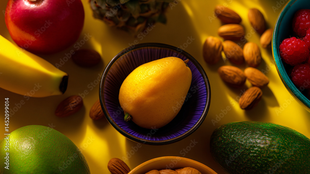 Poster a colorful array of vivacious fresh non gmo products displayed on a luminous setting