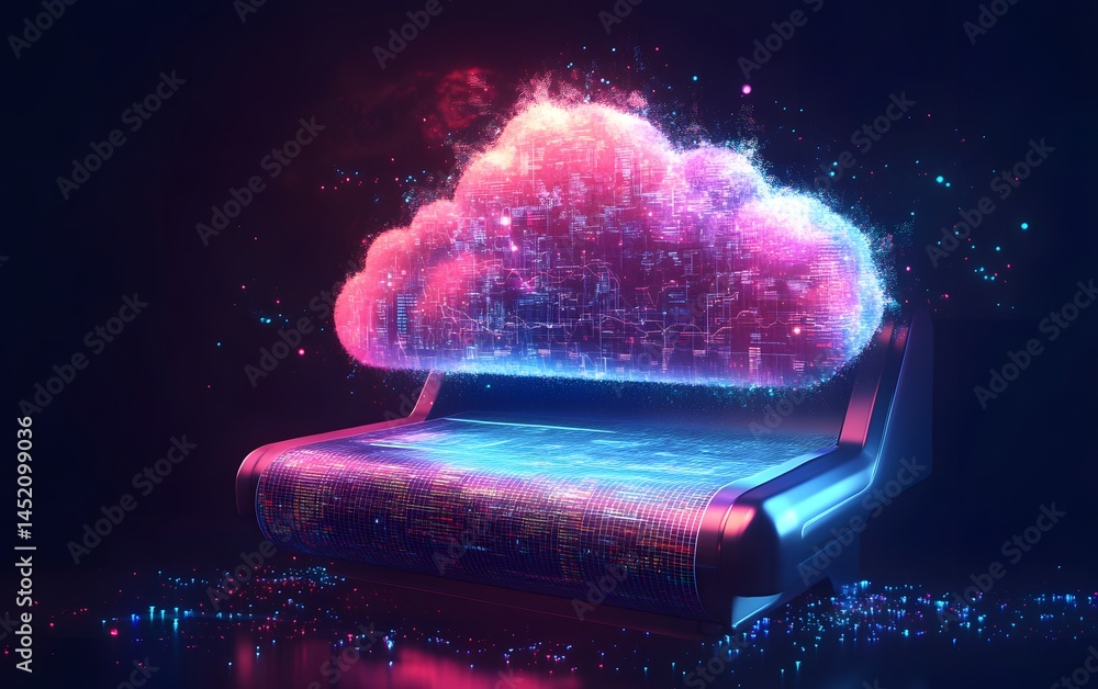 Aufkleber a futuristic representation of cloud computing, showcasing a glowing cloud over a digital platform. 
