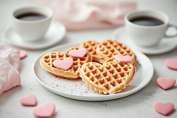 Heart-shaped waffles on white plates, adorned with pink heart decorations and surrounded by coffee cups. The background is light gray creating an atmosphere of love for a Valentine's Day celebration.
