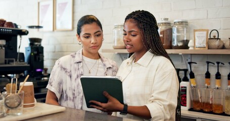Women, waitress and meeting on tablet at cafe of menu update, online order and inventory...