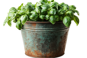Vibrant Green Basil Plant in Rustic Metal Pot, Fresh Herb Garden food flora image stock photo leaves on transparent background