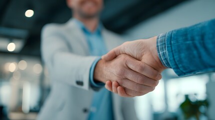 Fototapeta premium Two men shake hands in a business setting. The man on the left is wearing a suit and tie