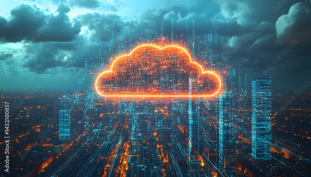 Poster a vibrant digital cloud symbol floating over a cityscape, signifying modern technology and cloud com