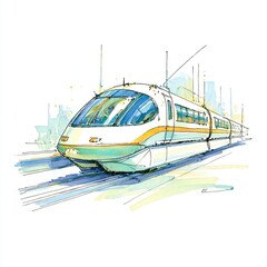Watercolor Painting of High Speed Train on Tracks