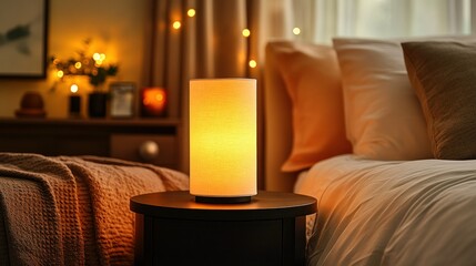 Warm bedside lamp illuminates cozy bedroom