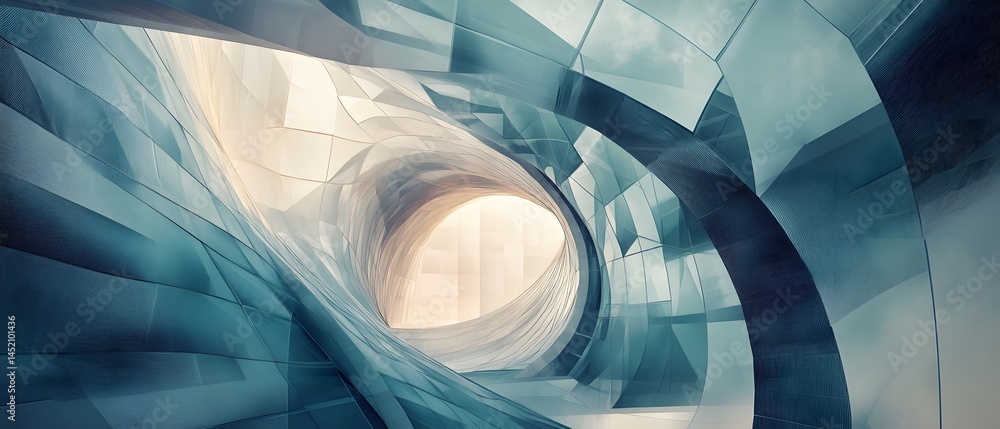 Poster an abstract, futuristic architecture design featuring swirling glass structures that create a sense 