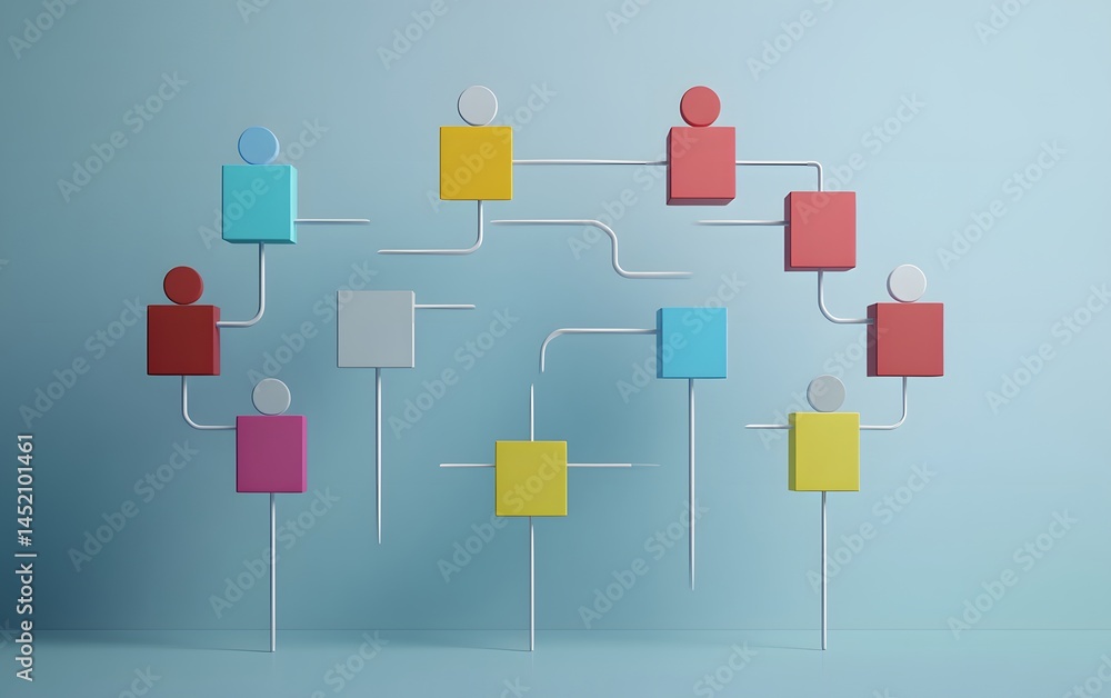 Poster an abstract representation of a network featuring colorful human figures and squares, illustrating c