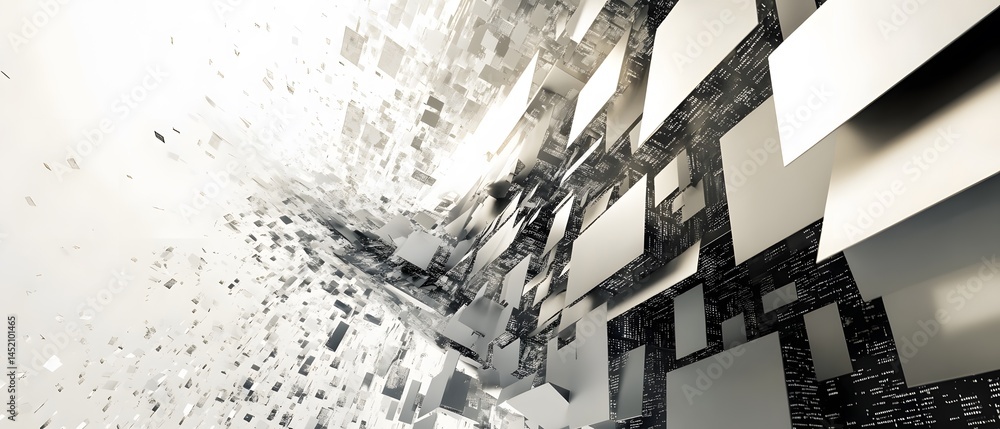 Poster an abstract representation of dynamic movement and digital transformation, featuring fragmented shap