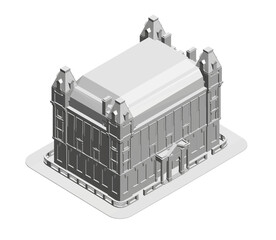 A large building with a lot of windows and a tall roof. The building is white and has a lot of detail. Isometric view. 3D