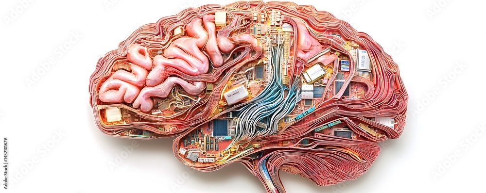 Poster an intricate design of a brain merged with technology, showcasing neural connections and circuitry f