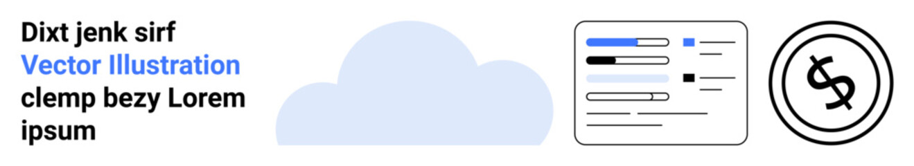 Cloud graphic with white and blue accents, data interface with charts and text, icon for currency. Ideal for technology, finances, data analytics, business solutions, modern tools, digital economy