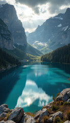 Aerial View of Turquoise Mountain Lake Surrounded by Dramatic Cliffs and Pine Forests in Remote Alpine Wilderness