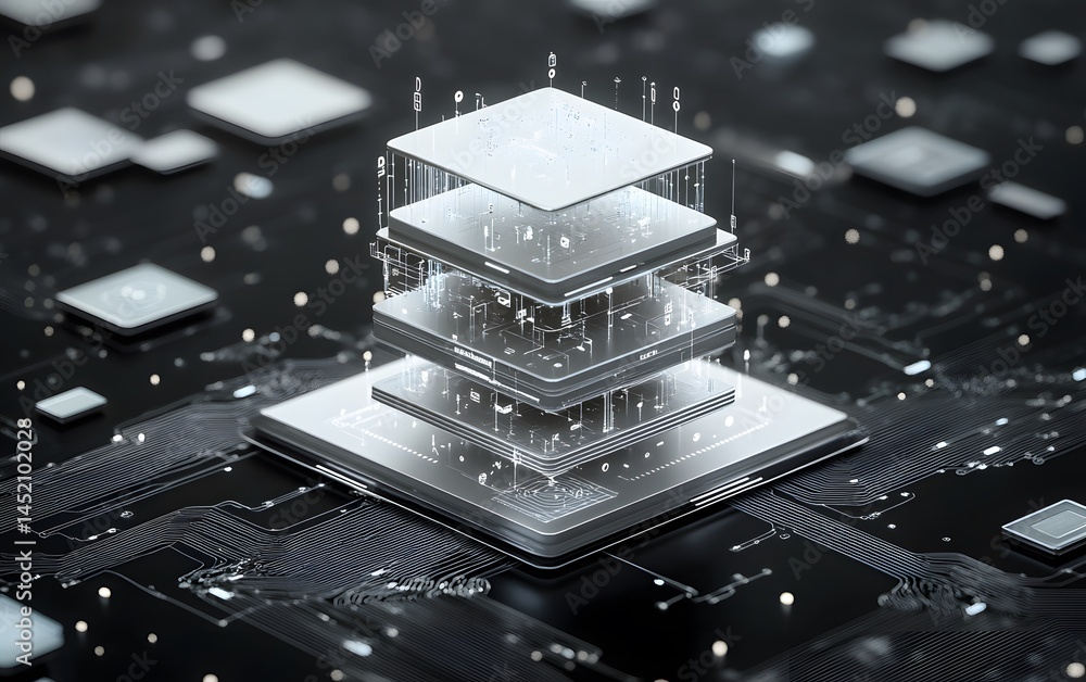 Poster futuristic concept of a multi-layered microchip, showcasing data flow and digital innovation in comp