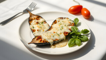 Baked eggplant with cheese on white table with harsh shadows. Aesthetic italian food - baked aubergine on white plate. Stuffed eggplant in minimal style. Stuffed aubergine in vegan menu, vintage. wi