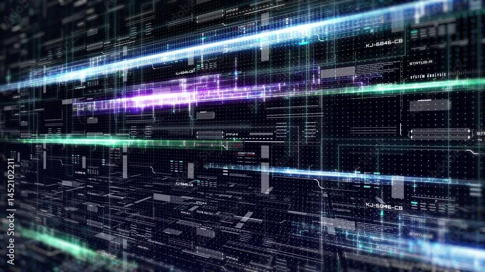 Poster Technology digital glow line hologram perspective view concept. HUD UI system hologram, ai construction 4K motion background