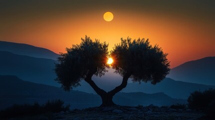 Fototapeta premium Heart-shaped olive trees at sunset, mountain backdrop, serene landscape, romantic scene