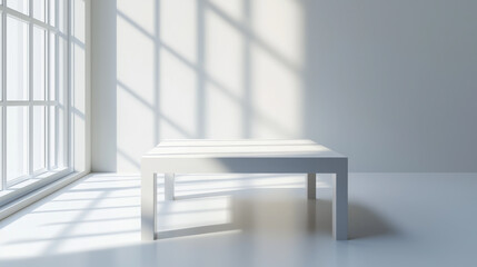 Minimalist white table in sunlit room