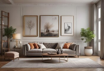 Chic living room, mixed frame shapes and sizes,  home,  sophisticated
