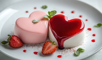 Two heart-shaped panna cotta cakes, one in pink and the other with strawberry sauce on top, are placed side by side on an elegant white plate.
