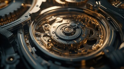 Obraz premium Intricate view of a watch mechanism showing complex cogwheels and gears.