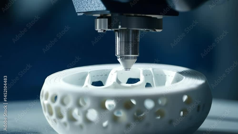 Poster A close-up view of a 3D printer creating an intricate white prototype in a modern workshop setting, showcasing advanced technology and innovative design processes.