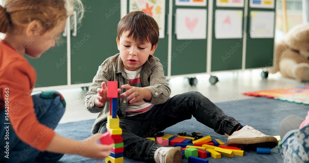 Poster Education, children or playing with building blocks in classroom for creative imagination, motor skills or learning. Solution, student or stack toys at kindergarten for problem solving or development