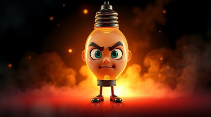 angry cartoon light bulb character with glowing head and intense expression in fiery background
