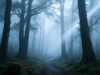Obraz premium A misty forest with a narrow winding path through tall ancient trees, early morning fog, light rays piercing through branches, magical and moody atmosphere.