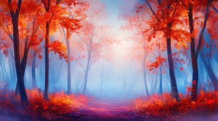 Dreamy autumn forest landscape with vibrant colors and misty atmosphere.