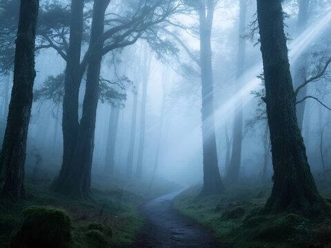 A misty forest with a narrow winding path through tall ancient trees, early morning fog, light rays piercing through branches, magical and moody atmosphere."