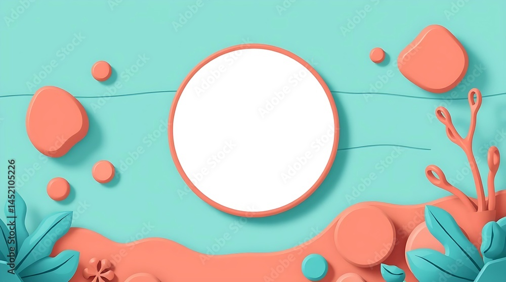Poster abstract mint green background with circular white frame and floating shapes