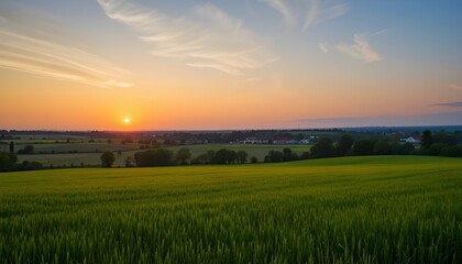 Rural Landscape with Beautiful Gradient Evening Sky at Sunset and Green Field with Village on Horizon