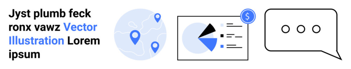 Location pins highlight navigation, pie chart illustrates financial data, and speech bubble represents communication. Ideal for finance, navigation, reporting, analytics, teamwork, communication