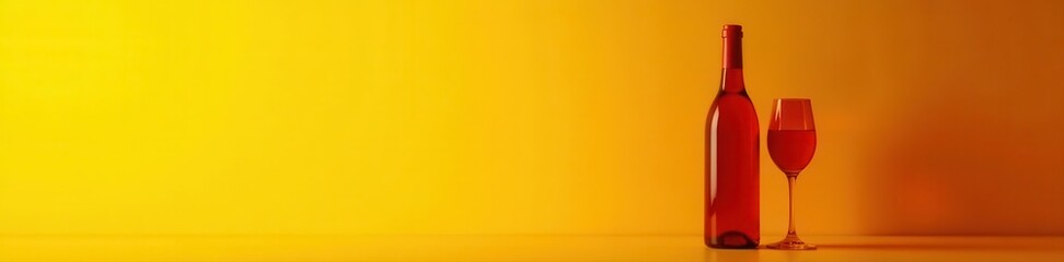 Elegant red wine bottle & glass, vivid yellow Clean lines, modern feel , elegant, simple, stylish