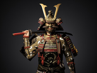 Samurai Warrior in Full Armor Holding a Katana on a darkbackground, 3D illustration