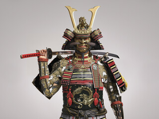 Samurai Warrior in Full Armor Holding a Katana, 3D illustration