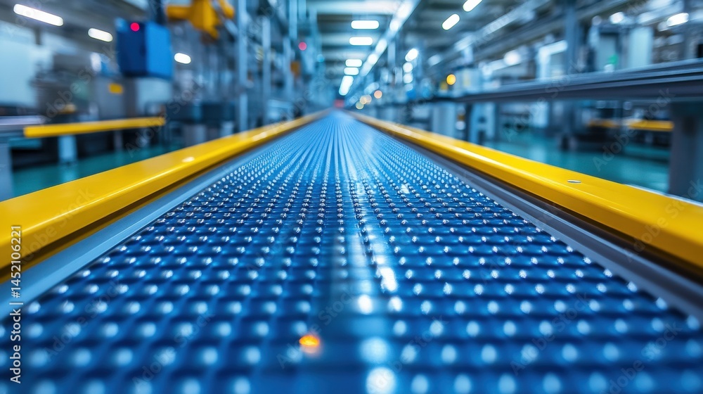 Poster close-up view of a conveyor belt in a modern factory, showcasing efficient production line operation