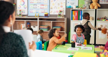 Teacher, kids and students with smile for drawing for learning support, art lesson and kindergarten...