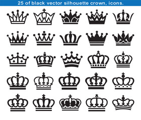 This set features various crown icons as vector illustrations, a royal collection with vintage design elements like silhouettes and symbols suitable for king or queen themed graphics © DESIGNSERVICE