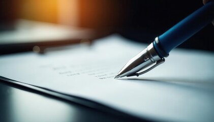 Pen poised above contract, black table reflects overhead light, terms, luxury