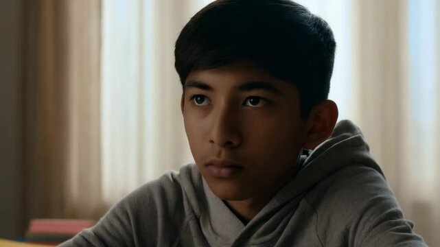 A South Asian boy, focused and contemplative, sits at a sunlit desk with books stacked around him, creating a quiet learning atmosphere
