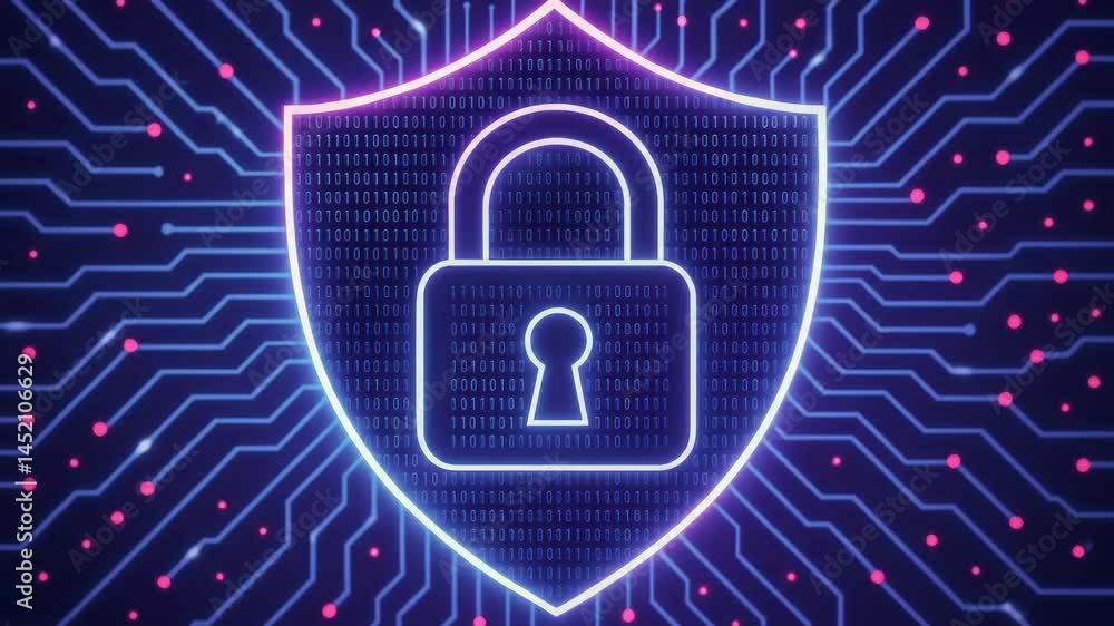 Poster cyber security shield with lock and circuit board background — digital data protection concept