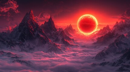 Blood red eclipse over mountain range