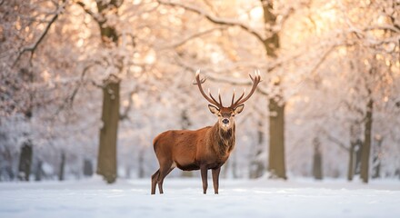 a majestic red reindeer stands in a snowy woodland, creating a captivating winter scene, subject at the bottom with sunny peach tones and ample copy space at the top