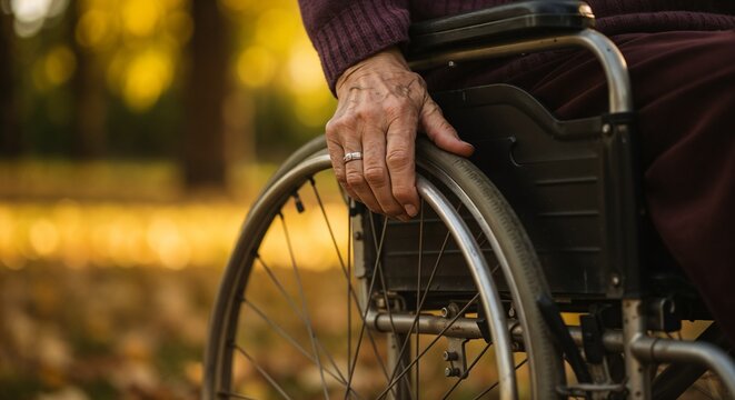 Close-up of an elderly person's hand resting on a wheelchair wheel in a park during autumn