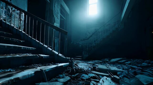 This haunting image captures an abandoned staircase bathed in eerie light, with dust and debris creating an atmosphere of decay and neglect.