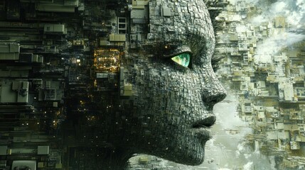 Complex, detailed illustration of a futuristic face made of cubes, AI concept.