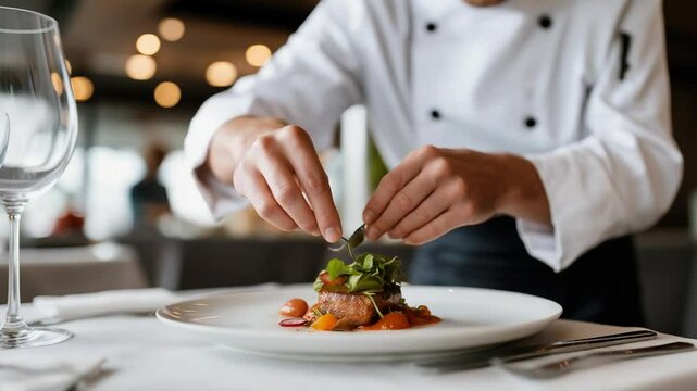 A skilled chef presenting a gourmet dish in a fine dining setting