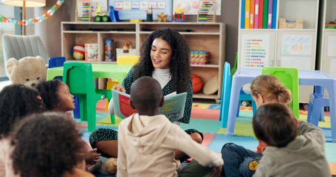 Reading, learning and teacher with children in classroom for education, books and students. Growth, kindergarten and academy with woman and kids at school for youth, story time and child development