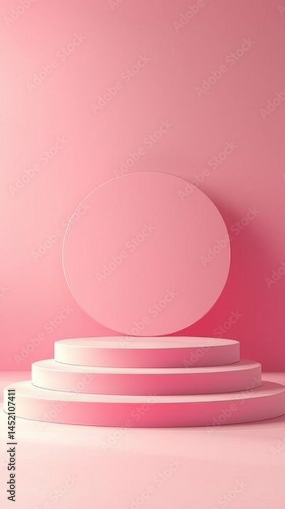 Aufkleber A soft pink backdrop features a minimal podium with layered steps and a circular platform. This setting is ideal for displaying products in an elegant and simple manner